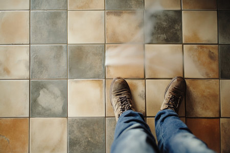 man cleaning and wash tiles floor in apartment. natural window light.