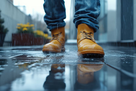 Yellow rubber boots on dirt road.の写真素材