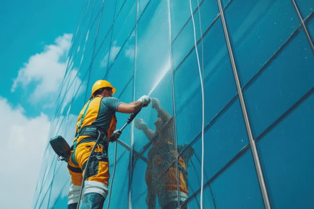 Man cleaning windows on the building.