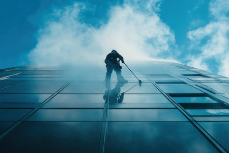Man cleaning windows on the building.の写真素材