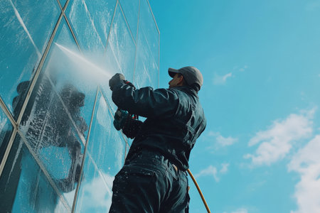 Man cleaning windows on the building. blue sky.