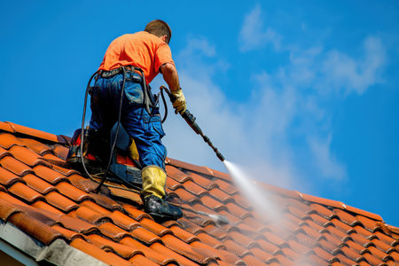 Man cleaning a weathered tile roof. Blue sky,の写真素材