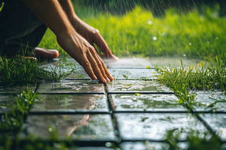 Close up photo of a man hands, cleans a tile of grass in his yard.の写真素材