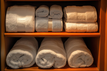 Towels are neatly arranged on the shelves. Created by aiの写真素材