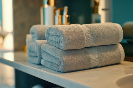 Towels are neatly arranged on the shelves. Created by aiの写真素材