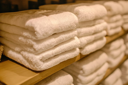 Towels are neatly arranged on the shelves. Created by aiの写真素材