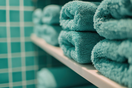 Towels are neatly arranged on the shelves. Created by ai