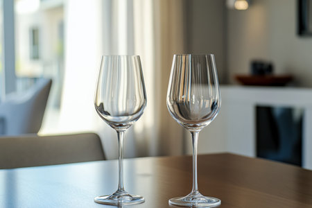 Sparkling clean wine glasses on a polished dining table. Created by aiの写真素材