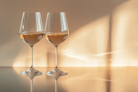 Sparkling clean wine glasses on a polished dining table. Created by ai
