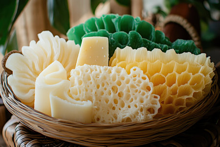 A basket of natural soaps and loofahs on a bamboo mat. Created by ai