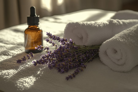 Aromatherapy oils and fresh lavender arranged on a spa towel. Created by ai.の写真素材