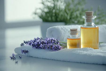 Aromatherapy oils and fresh lavender arranged on a spa towel. Created by ai.の写真素材