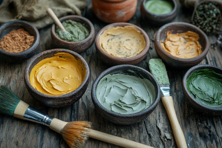 Assorted clay masks in bowls with brushes and organic ingredients. Created by ai