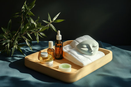 Aesthetic skincare display with serums, oils, and fresh greenery. Created by aiの写真素材