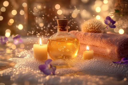 Stylish modern bathroom interior. Close up Serene bath setup with a bathtub, candles, and fresh flowers. Created by ai.の写真素材