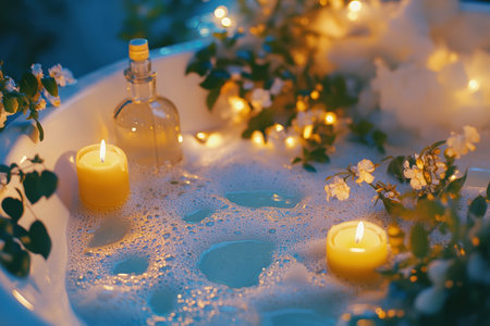 Stylish modern bathroom interior. Close up Serene bath setup with a bathtub, candles, and fresh flowers. Created by ai.の写真素材