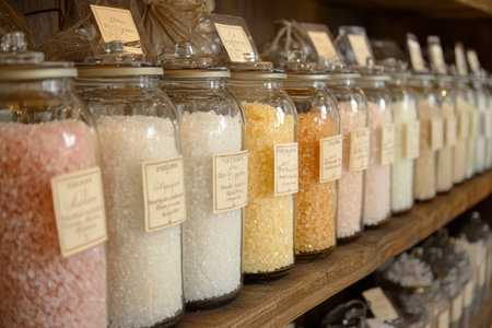 Bath salts in glass jars with labels, neatly arranged on a shelf. Created by ai.の写真素材