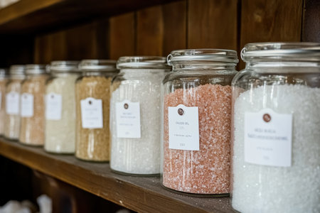 Himalaya or Himalayan. Bath salts in glass jars with labels, neatly arranged on a shelf. Created by ai.の写真素材