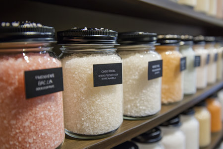 Bath salts in glass jars with labels, neatly arranged on a shelf. Created by ai.の写真素材