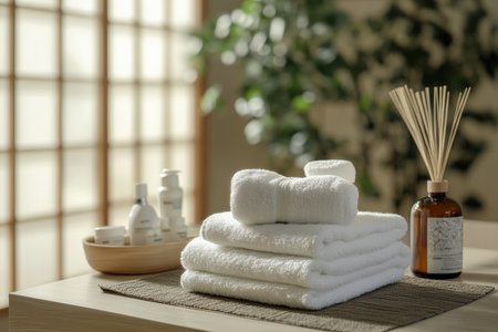 Clean towels, face masks, and organic products in a tranquil spa setting. Created by aiの写真素材