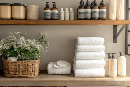 Clean towels, face masks, and organic products in a tranquil spa setting. Created by ai