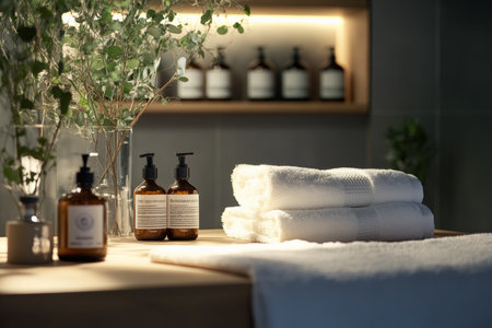 Clean towels, face masks, and organic products in a tranquil spa setting. Created by aiの写真素材