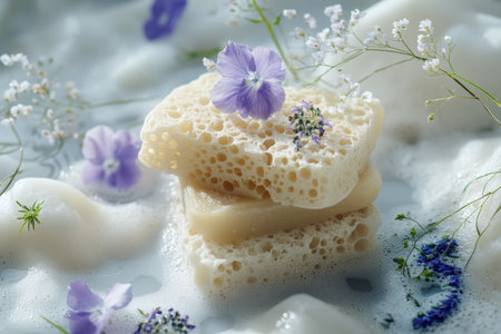 Close-up of bath soap, natural sponges, and flowers. Created by ai.