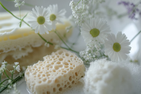 Close-up of bath soap, natural sponges, and flowers. Created by ai.