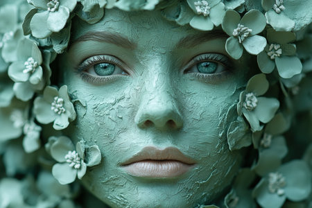 Close-up of clay face green mask with flowers. Beautiful girl.の写真素材