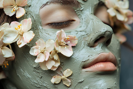 Close-up of clay face green mask with flowers. Beautiful girl.の写真素材