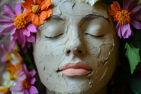 Close-up of clay face green mask with flowers. Beautiful girl.の写真素材