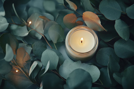 Close-up of eucalyptus leaves, candle, and skincare jar.の写真素材
