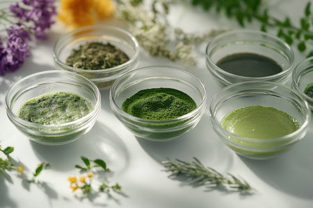 Close-up of herbal face masks in small glass bowls with fresh ingredient.の写真素材
