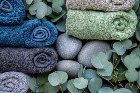 Close-up of rolled towels with spa stones and fresh eucalyptus leavesの写真素材