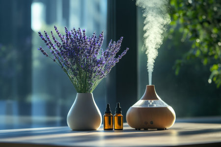 Elegant aromatherapy setup with diffusers, oils, and fresh lavender.