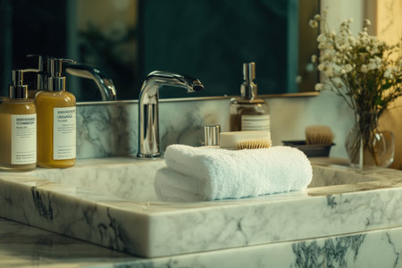 Elegant marble sink with skincare products and fresh towels.の写真素材