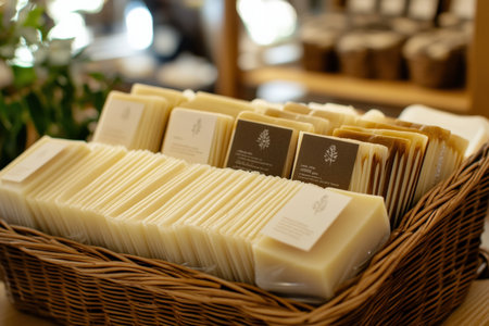 Elegant soap bars with organic labels in a basket.の写真素材