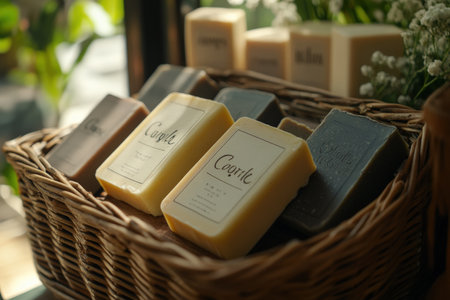 Elegant soap bars with organic labels in a basket.の写真素材