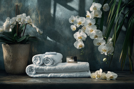 Elegant spa setting with rolled towels, orchids.の写真素材