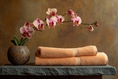 Elegant spa setting with rolled towels, orchids.の写真素材