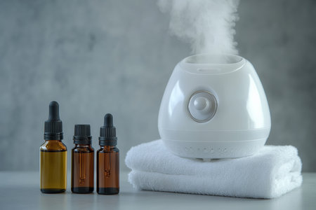 Facial steamer beside essential oils and clean white towels. Spa concept.