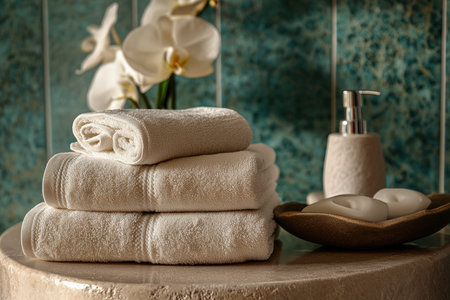 Freshly washed towels folded neatly with a luxurious spa feel.