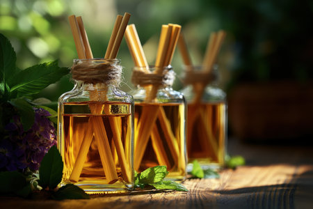 Glass bottles of organic oils with bamboo sticks and fresh herbs.