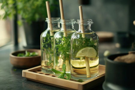 Glass bottles of organic oils with bamboo sticks and fresh herbs.の写真素材