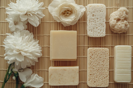 Natural soap bars, loofahs, and flowers arranged neatly on a bamboo mat.の写真素材