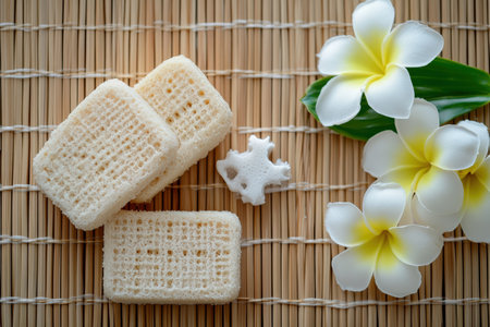 Natural soap bars, loofahs, and flowers arranged neatly on a bamboo mat.の写真素材