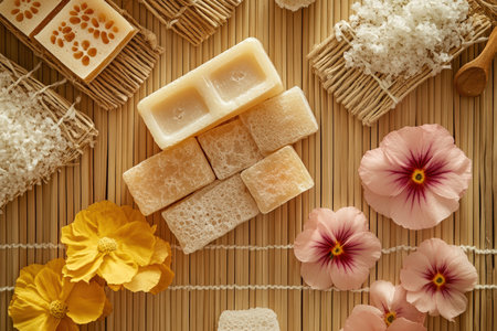 Natural soap bars, loofahs, and flowers arranged neatly on a bamboo mat.の写真素材