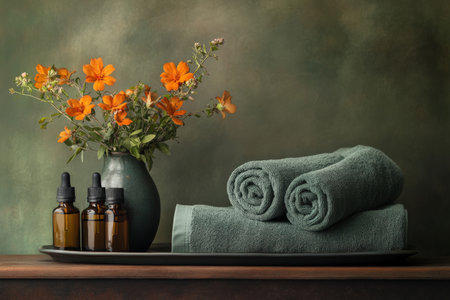 Rolled towels, flowers, and essential oils for a spa ambiance.の写真素材