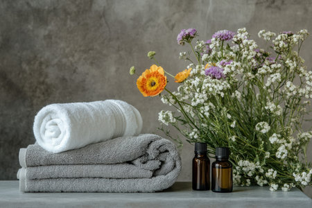 Rolled towels, flowers, and essential oils for a spa ambiance.の写真素材