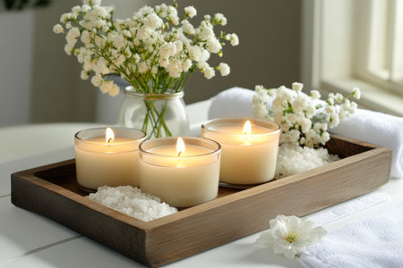 Scented candles beside bath salts and flowers on a wooden tray.の写真素材